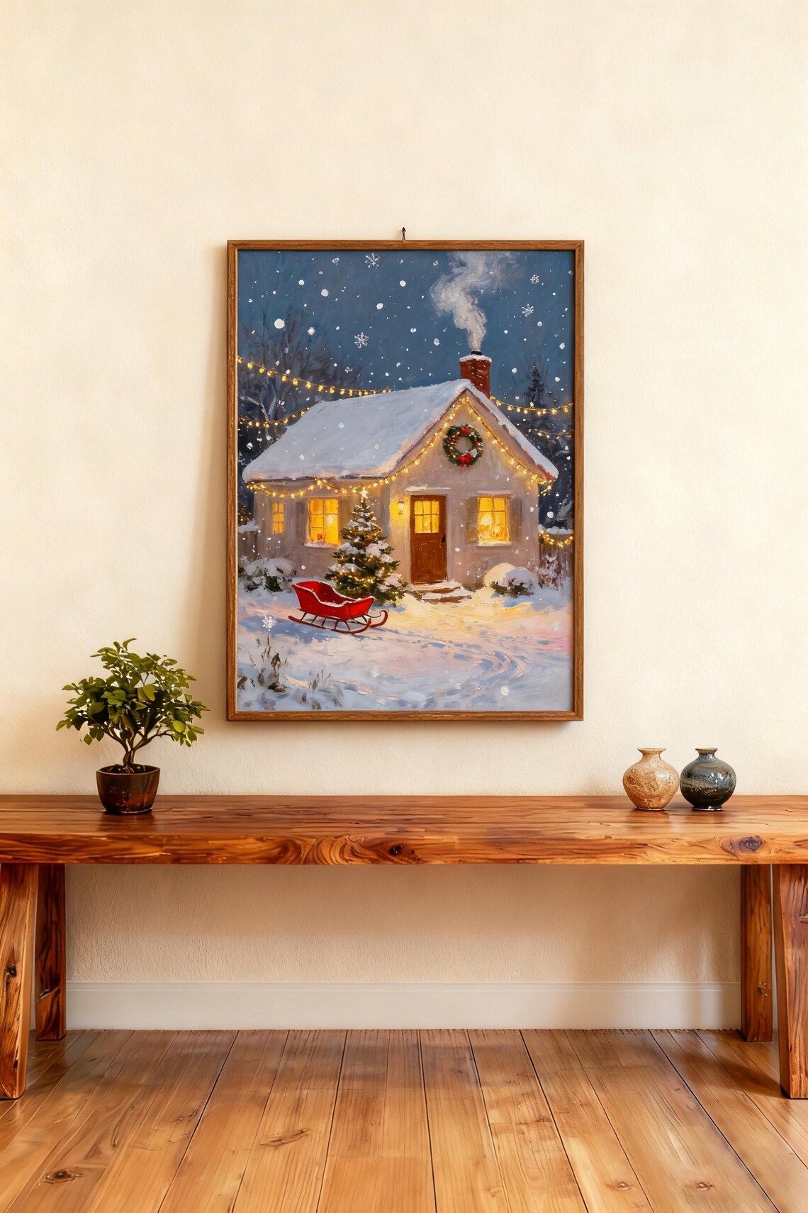 Cozy Christmas Cottage Snowy Winter Night Scene With Lights Poster