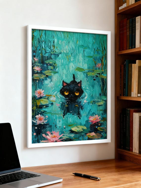 Black Cat In Pond Wall Art Mystical Canvas Print Water Lily Painting Whimsical Lover Gift Abstract Animal Home Decor