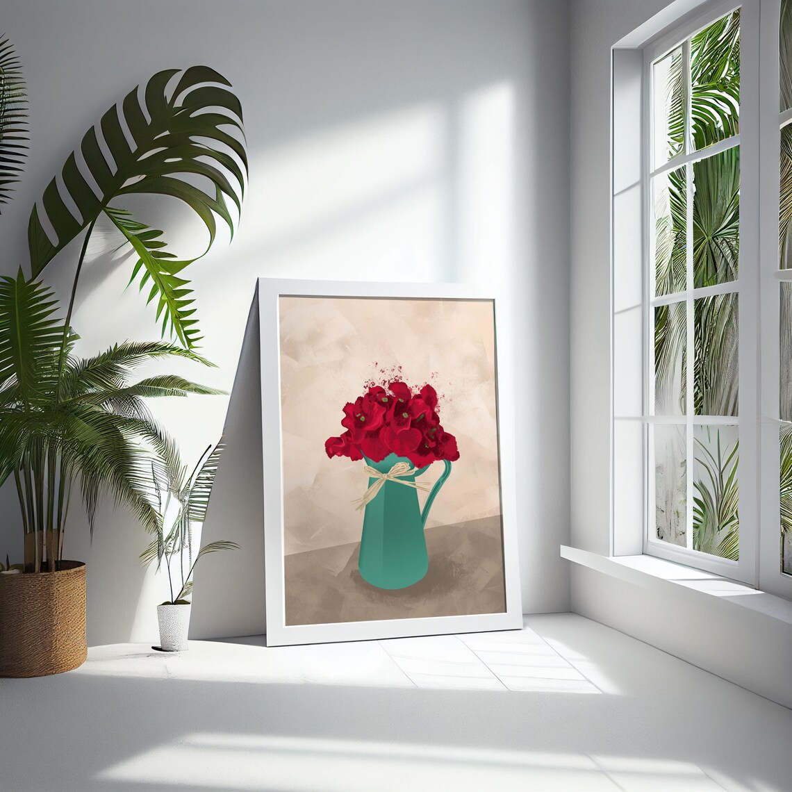 Red Flowers Green Pitcher Bouquet Bow Modern Farmhouse Floral Poster - Image 5