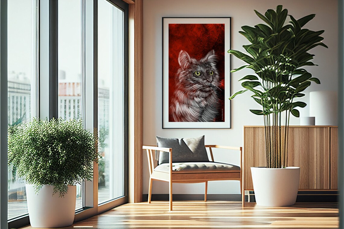Grey Long Haired Cat Green Eyes Red Background Modern Animal Wall Art Poster - Image 2