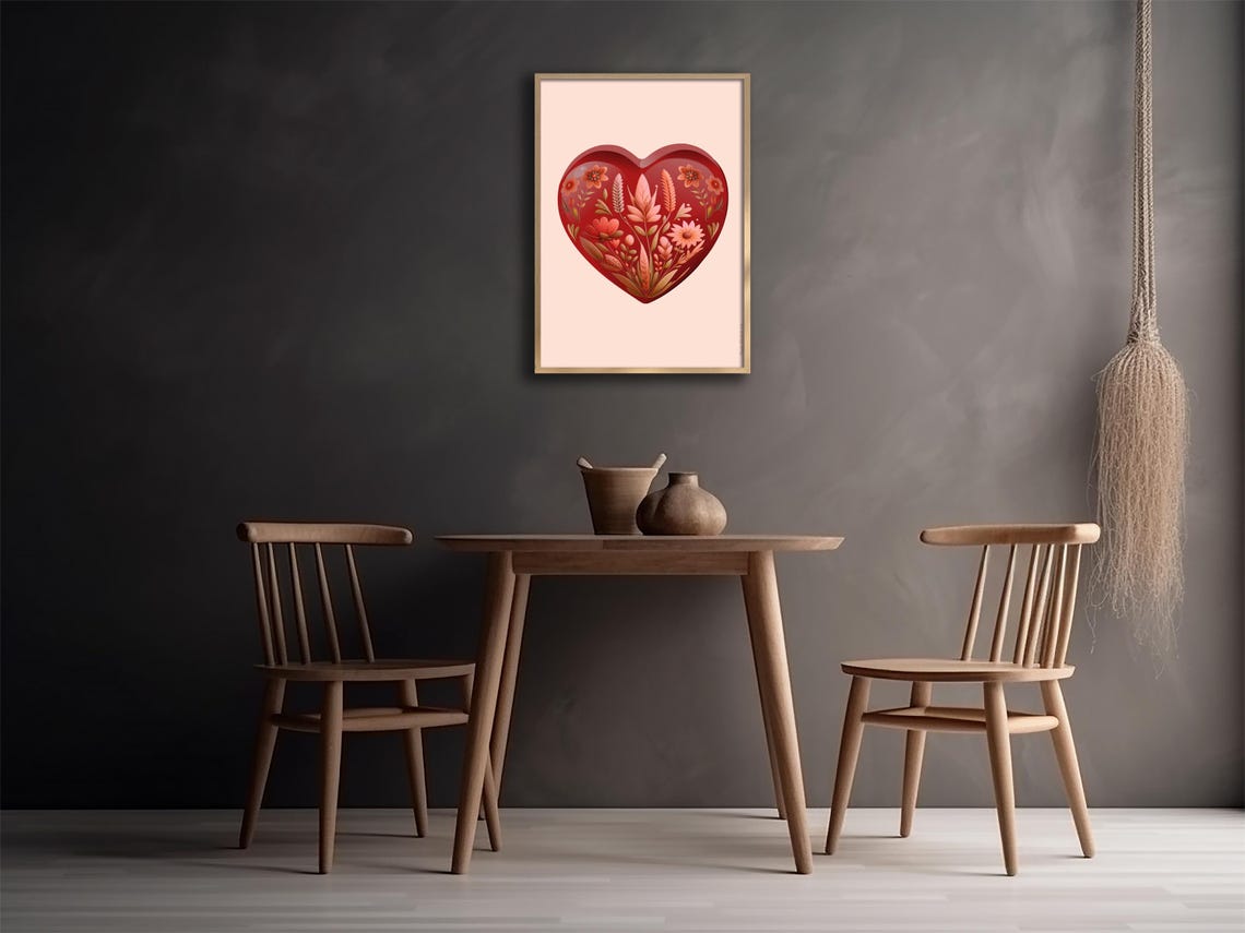 Romantic Red Floral Folk Art Heart on Blush Pink Background Poster - Image 3
