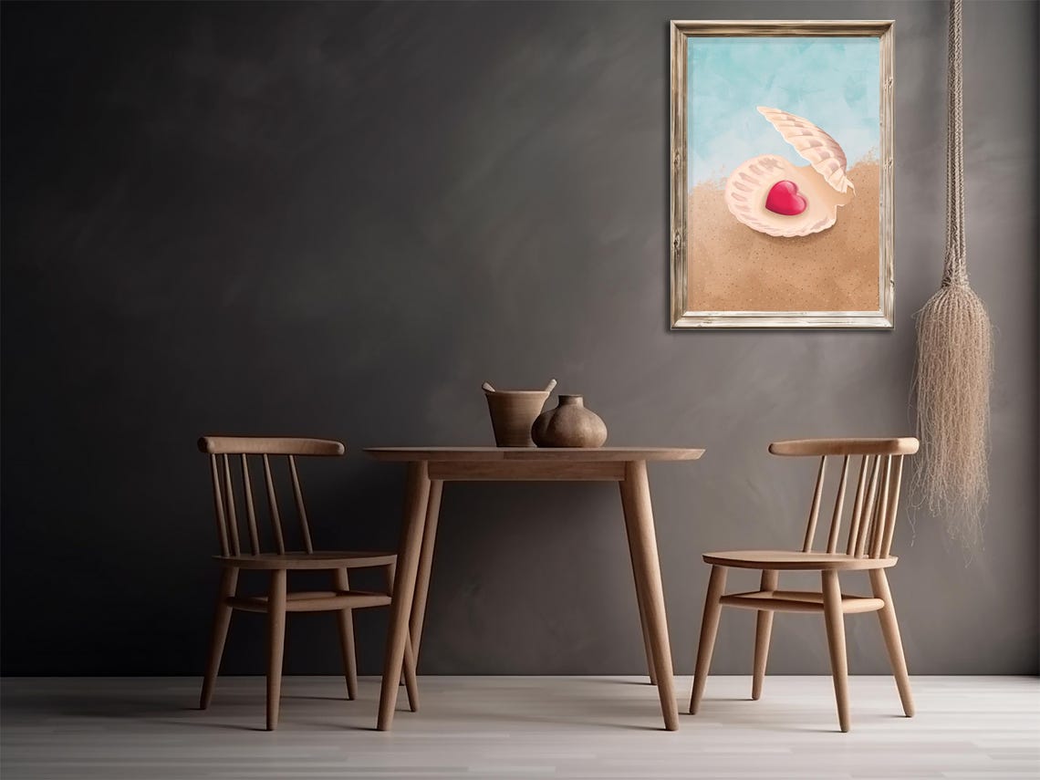 Romantic Red Heart Pearl in Seashell on Sandy Beach Wall Poster - Image 2