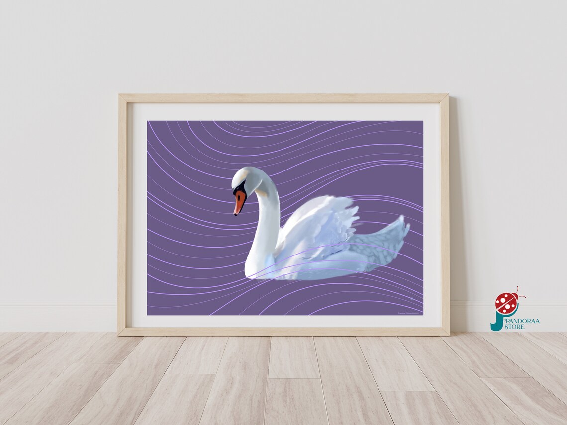 Elegant White Swan on Purple Wavy Line Background Wall Poster