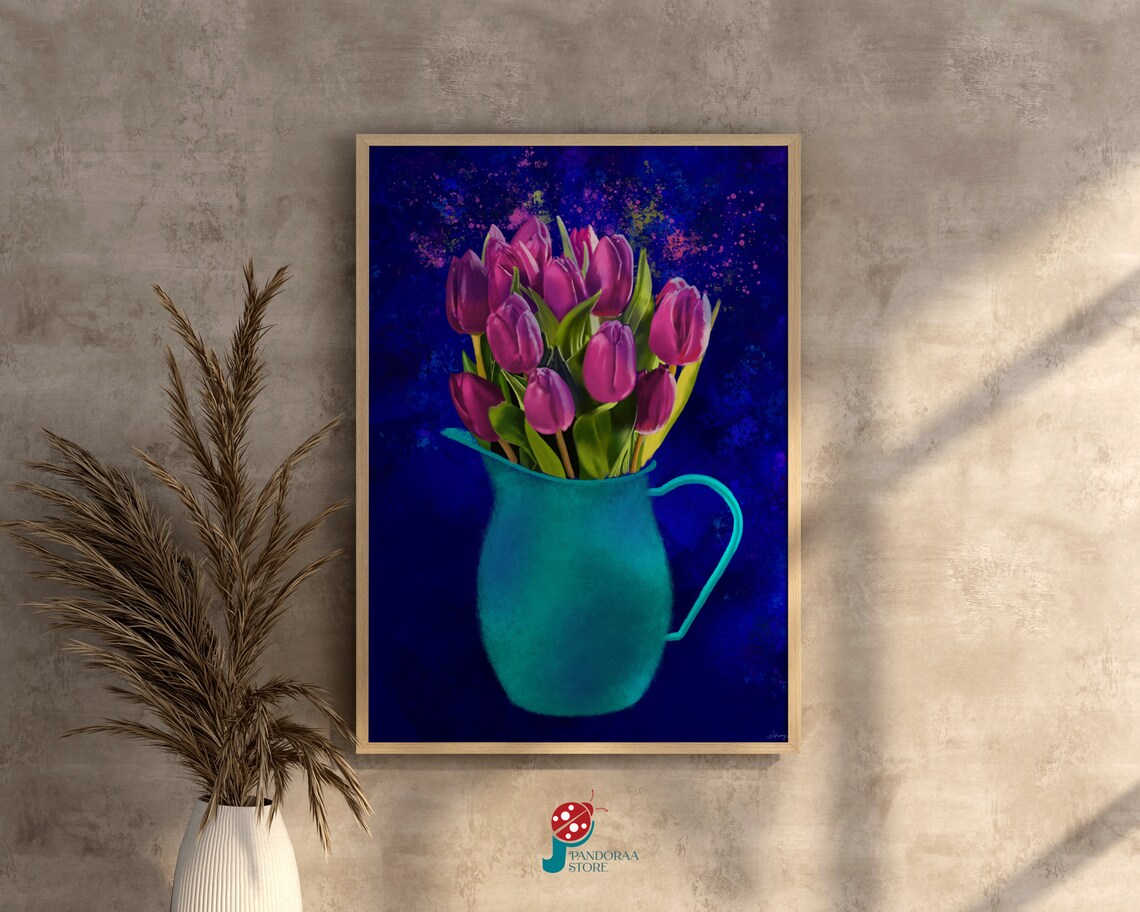 Magenta Tulips in Turquoise Pitcher on Navy Background Poster