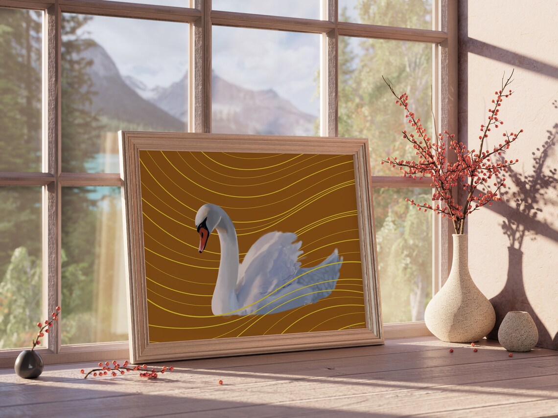 Elegant White Swan on Golden Brown Wavy Line Background Wall Poster - Image 5
