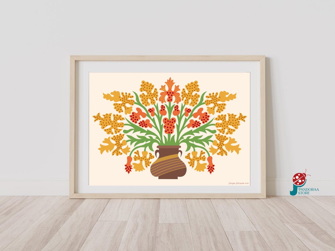 Yellow Orange Floral Wall Art I Brown Vase And Flower Poster I Living Room Gift Jpg Home Decor Print I Flower Home Gift