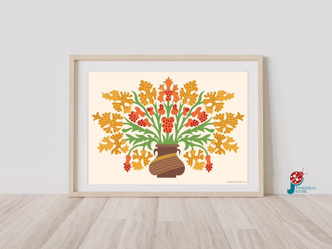 Yellow Orange Folk Floral Bouquet Brown Vase Autumn Wall Art Print