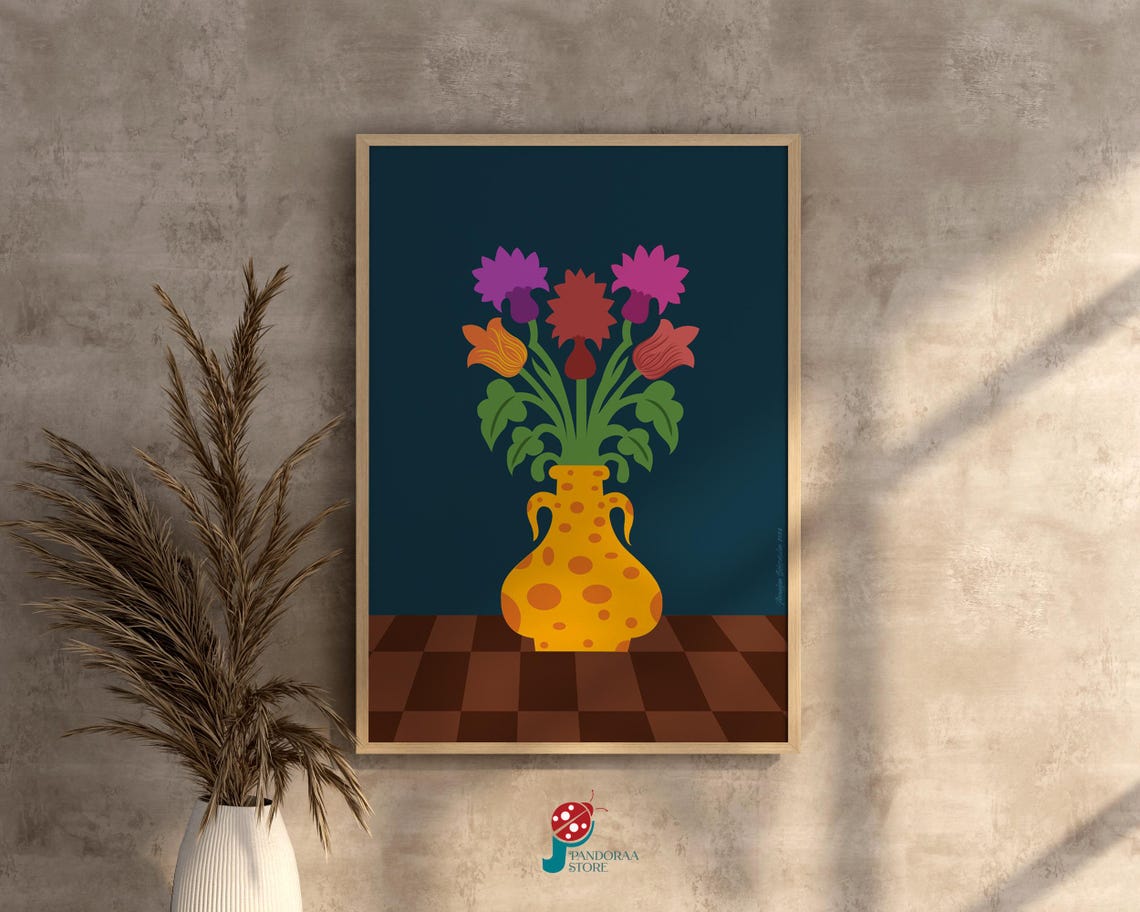 Colorful Bouquet Yellow Polka Dot Vase Dark Teal Floral Wall Poster