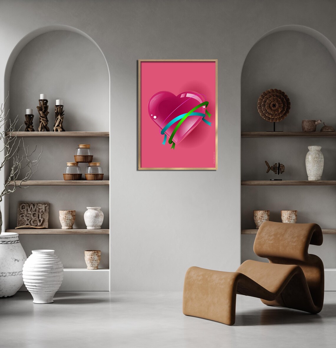Glossy Glass Pink Heart Wrapped in Green Ribbons Modern Love Poster - Image 2
