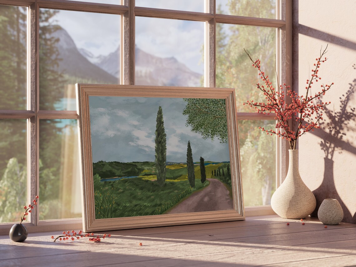 Cypress Tree Country Lane Rolling Hills Vintage Countryside Print - Image 5