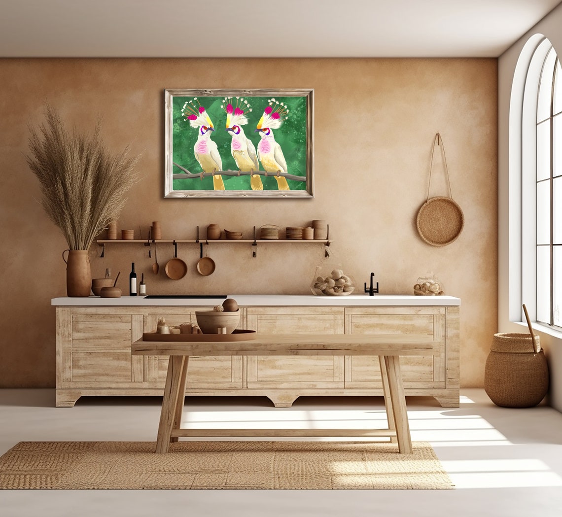 Three Crested White Birds on Branch Green Background Wildlife Print - Image 3
