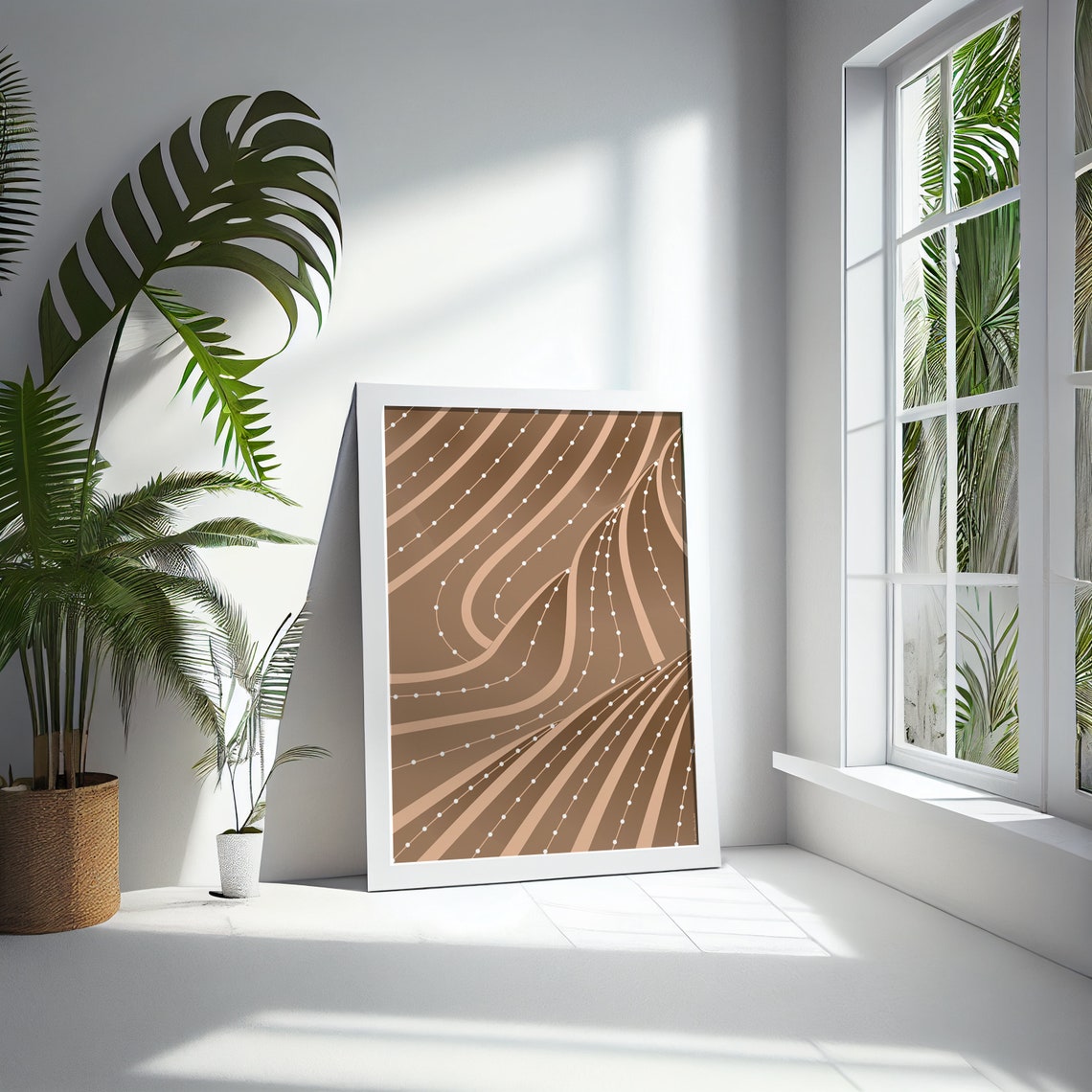 Boho Beige Brown Curved Lines White Dots Modern Abstract Print - Image 3