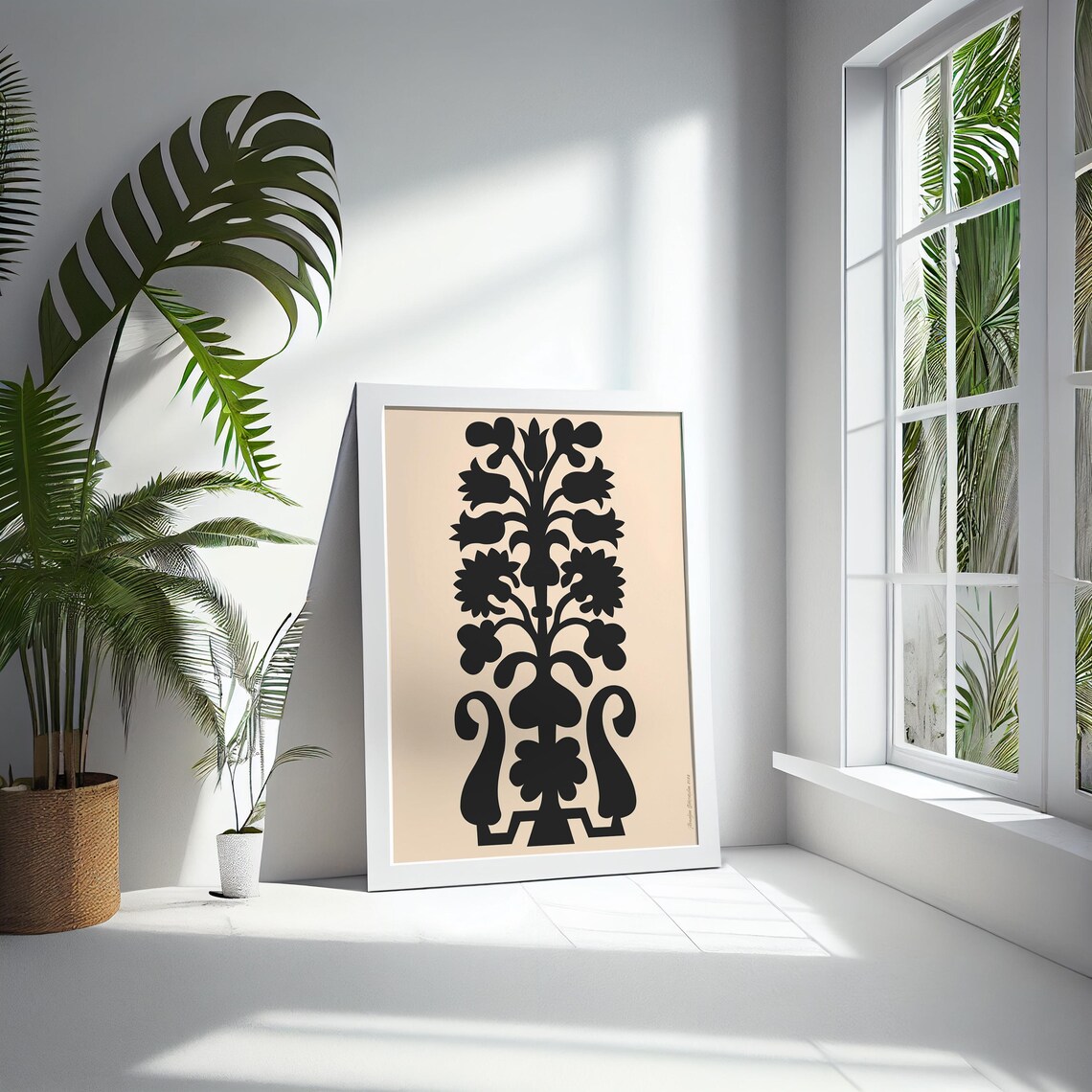 Black Floral Silhouette Folk Art Vase Modern Beige Minimalist Poster - Image 5