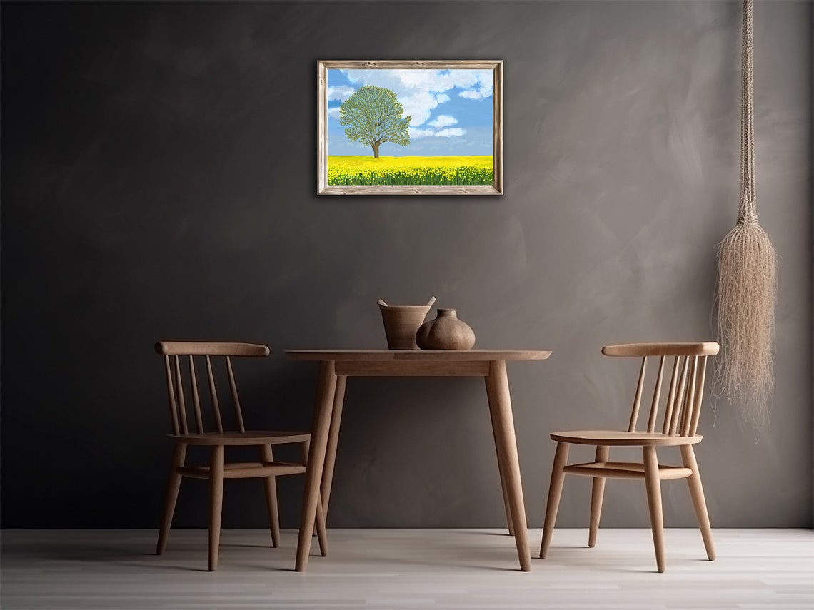 Lone Tree Yellow Flower Field Bright Blue Sky Landscape Wall Print - Image 4