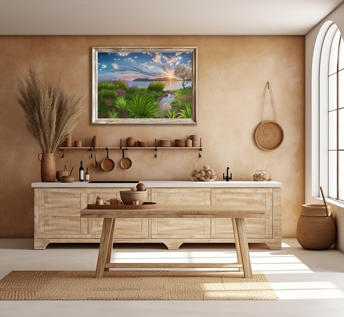 Seaside Sunset Calm Water Green Shore Wildflowers Square Print - Image 3