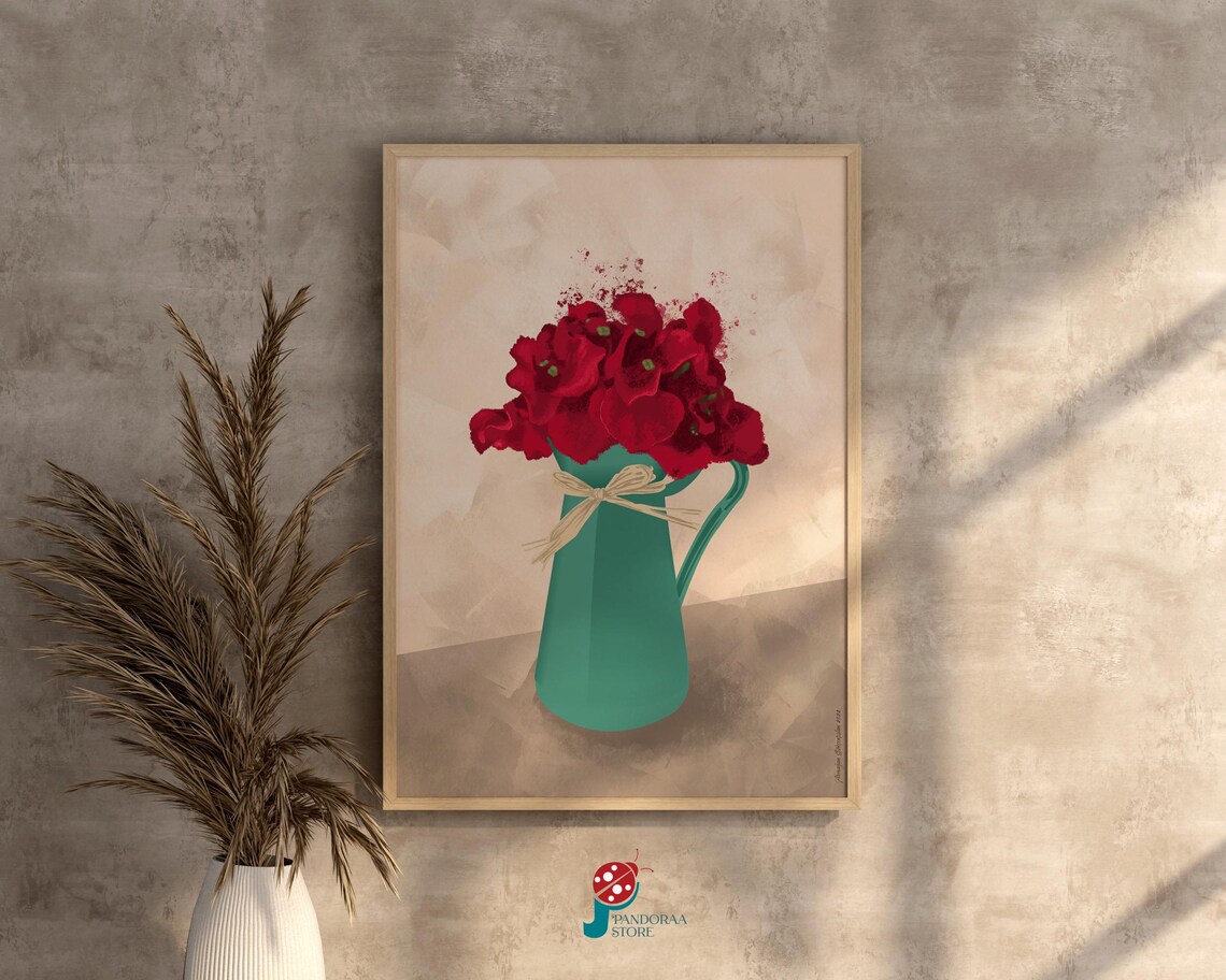 Red Flowers Green Pitcher Bouquet Bow Modern Farmhouse Floral Poster