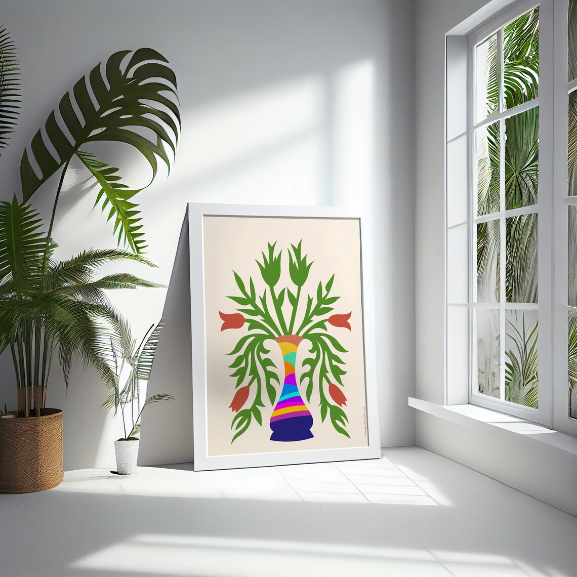 Rainbow Striped Vase Red Tulip Folk Art Colorful Floral Wall Poster - Image 5