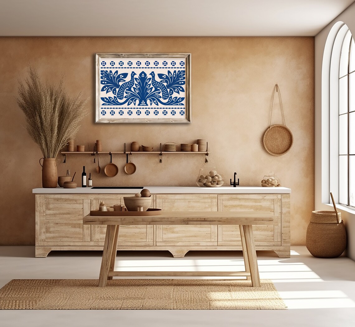Navy Blue Peacock Folk Art Symmetrical Turkish Style Wall Print - Image 2