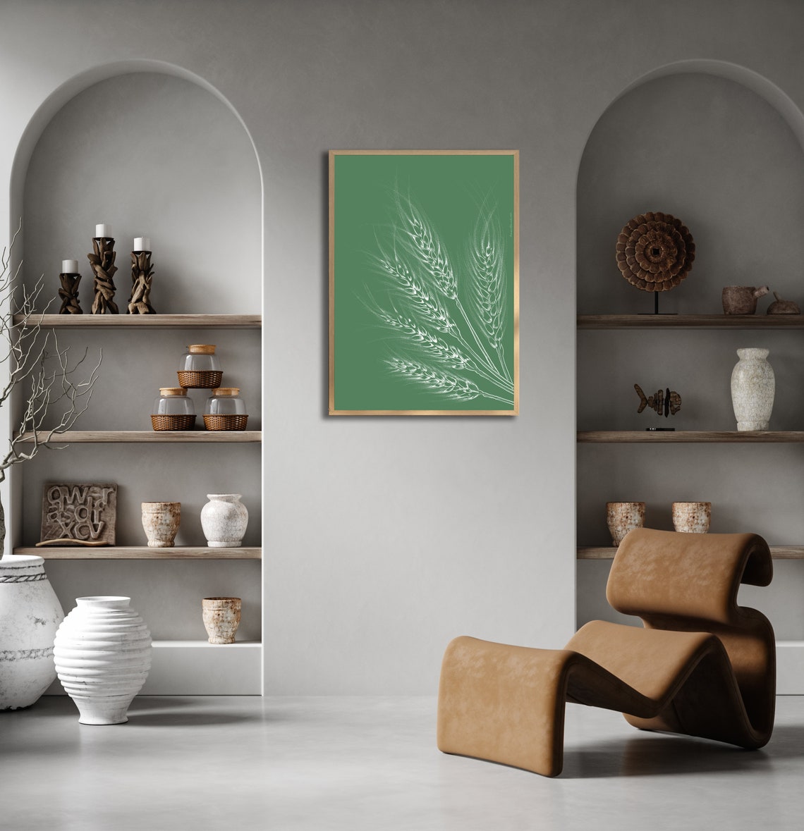 White Wheat Stalks Deep Green Botanical Line Drawing Kitchen Print - Image 2