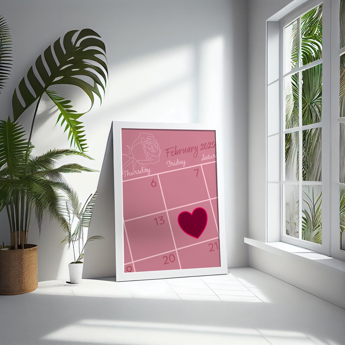 Pink February 2025 Calendar Rose Sketch Heart Marked on 14th Poster - Image 5