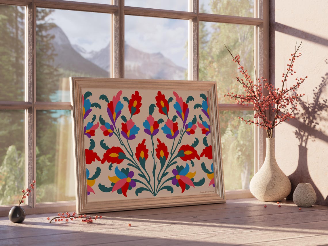 Colorful Bohemian Folk Floral Pattern Red Blue Blossom Wall Poster - Image 4