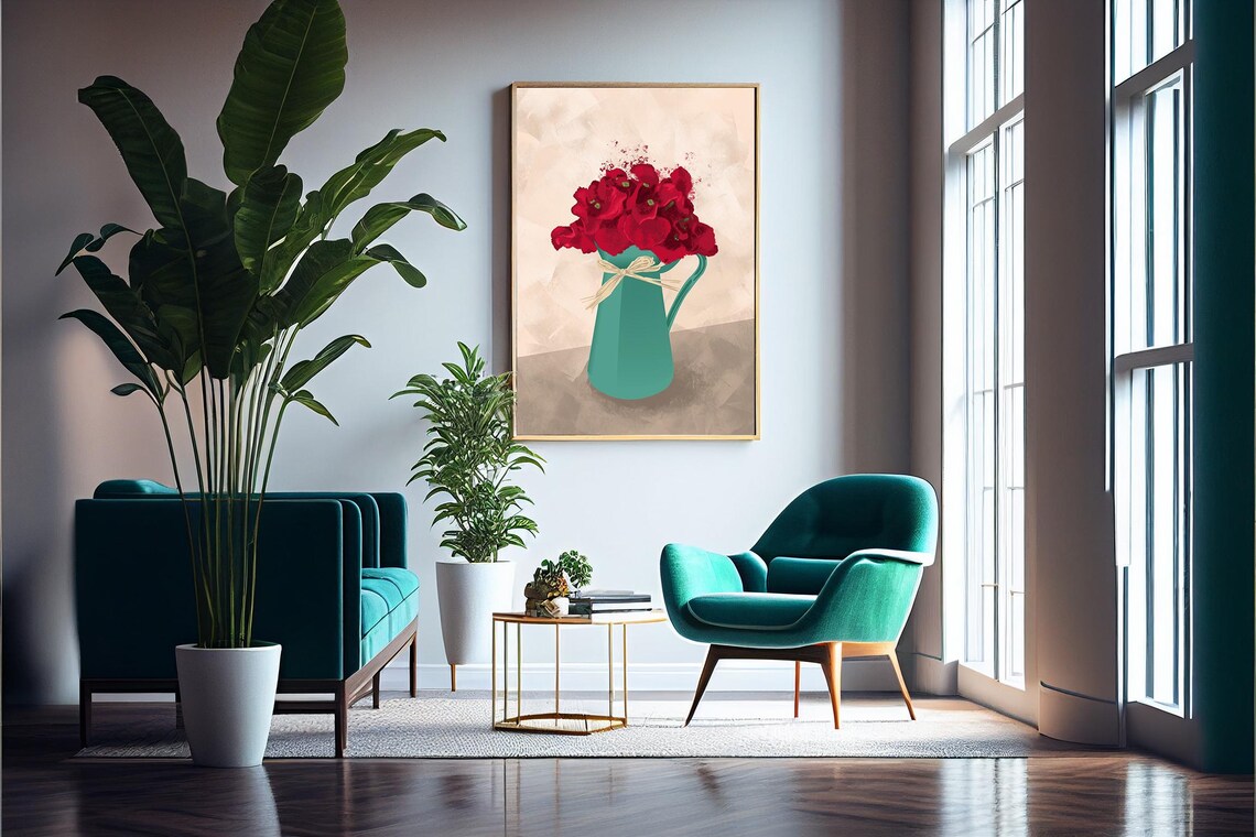 Red Flowers Green Pitcher Bouquet Bow Modern Farmhouse Floral Poster - Image 4