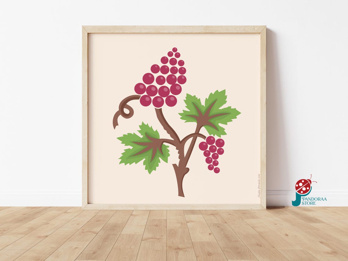 Red Grape Vine Botanical Folk Art Kitchen Farmhouse Wall Decor Poster