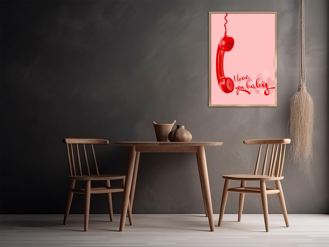 Vintage Retro Red Phone I Love You Baby Script Pink Wall Poster - Image 3