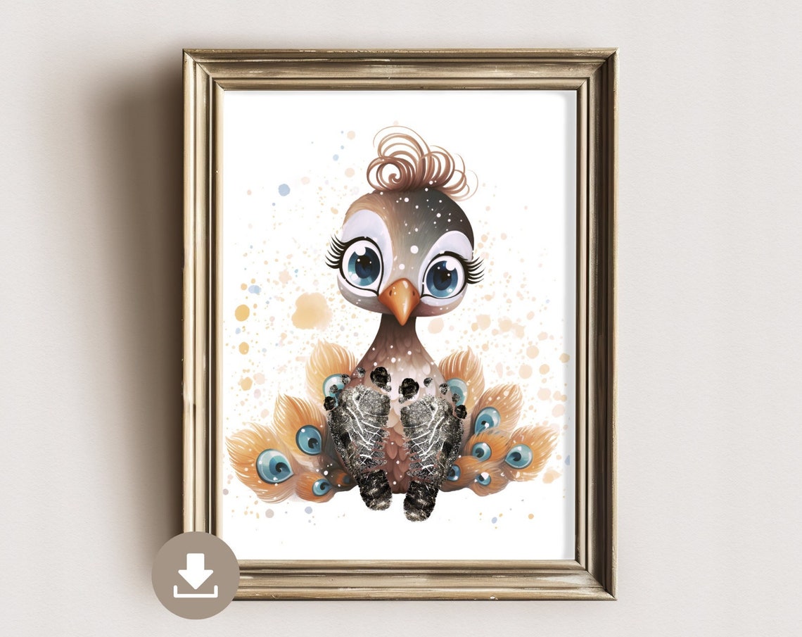 Colorful Baby Peacock With Footprint Nursery Keepsake Poster