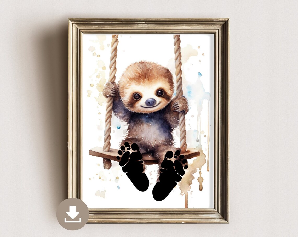 Baby Footprint Picture Sloth On Swing Art Print