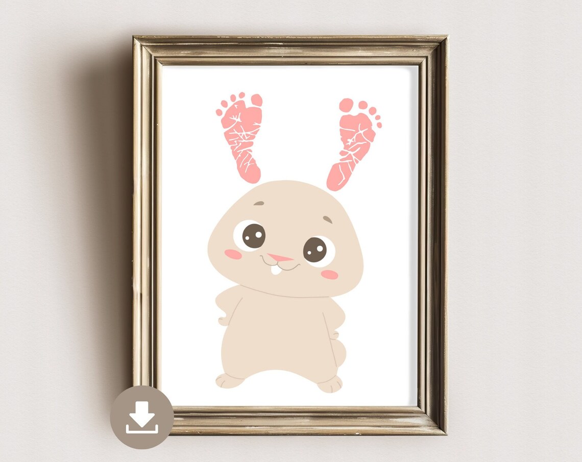 Cute Beige Bunny Pink Footprint Ears Nursery Baby Keepsake Art Poster