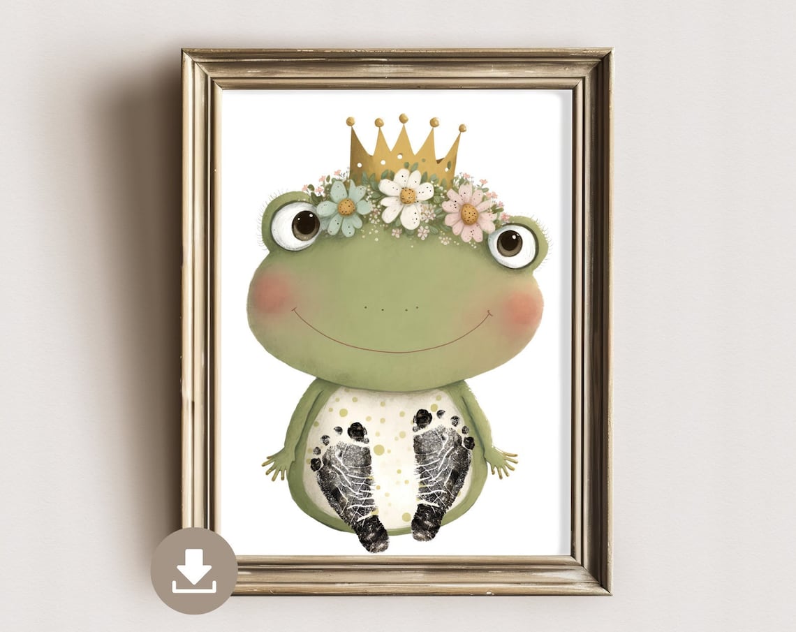 Frog Prince With Gold Crown Flowers Baby Footprint Keepsake Poster