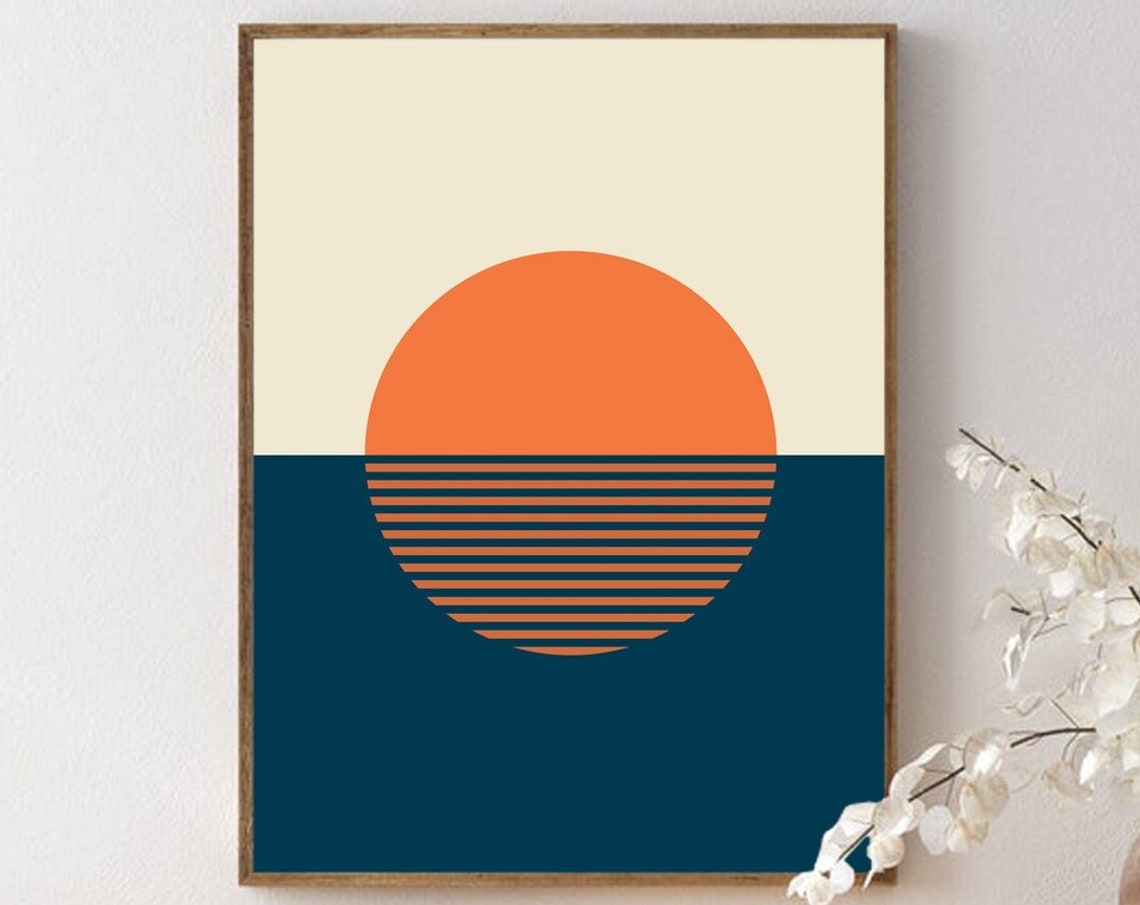 Mid Century Modern Retro Sunset Over Ocean Abstract Sun Poster - Image 2