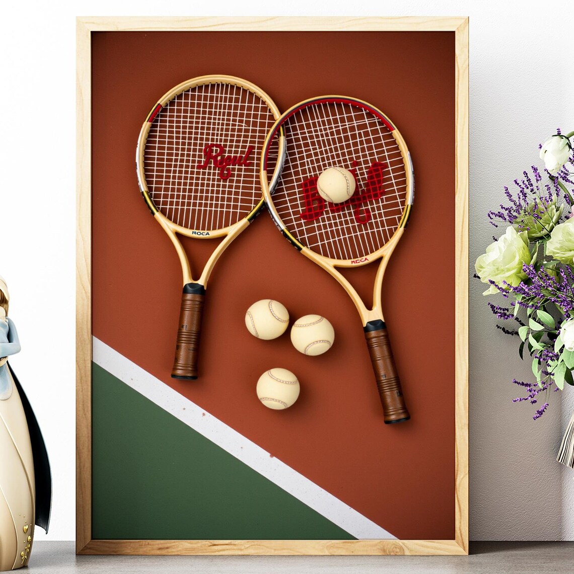Vintage Wooden Tennis Rackets Crossed Clay Court Balls Sports Poster