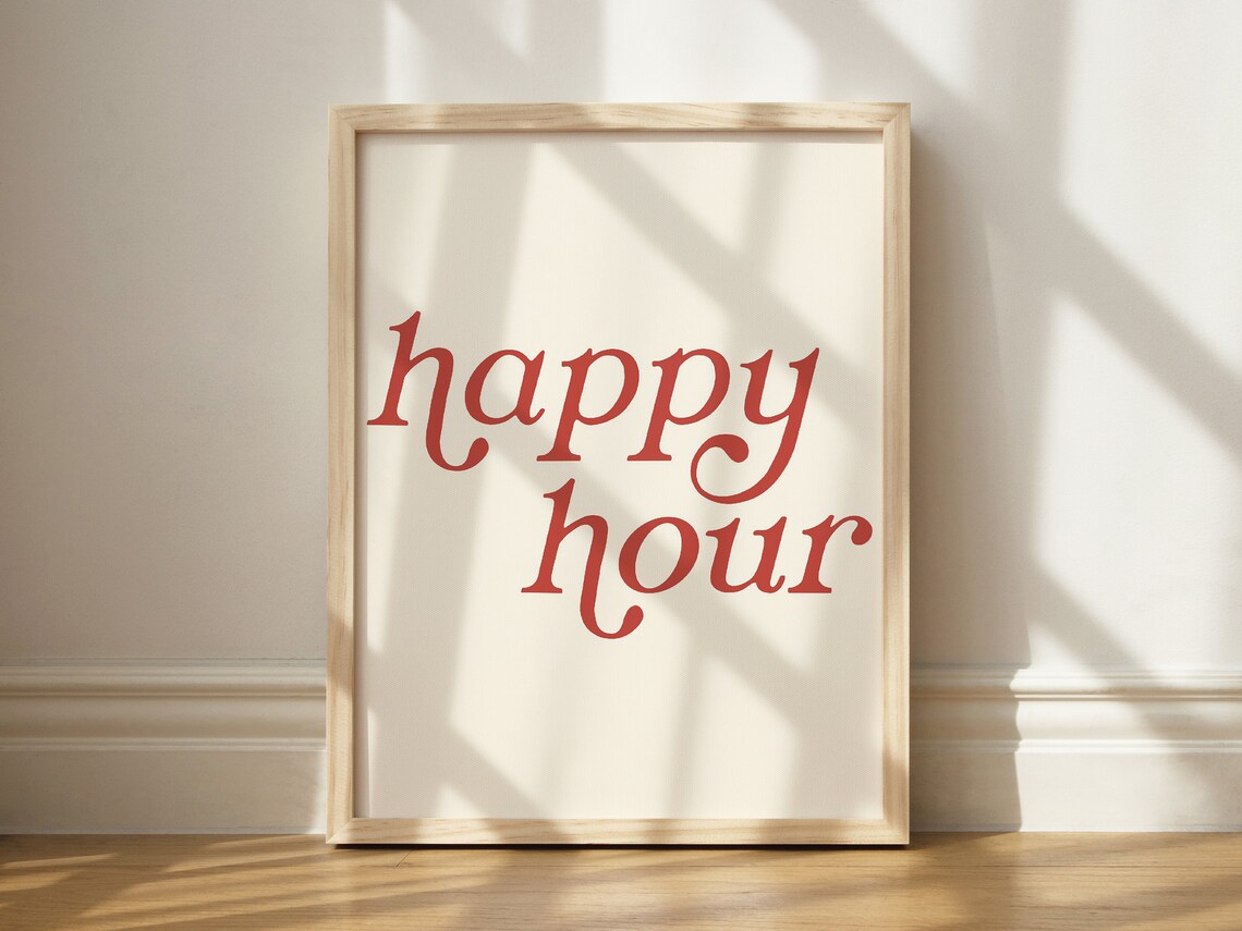 Happy Hour Red Script Lettering Vintage Bar Decor Quote Poster