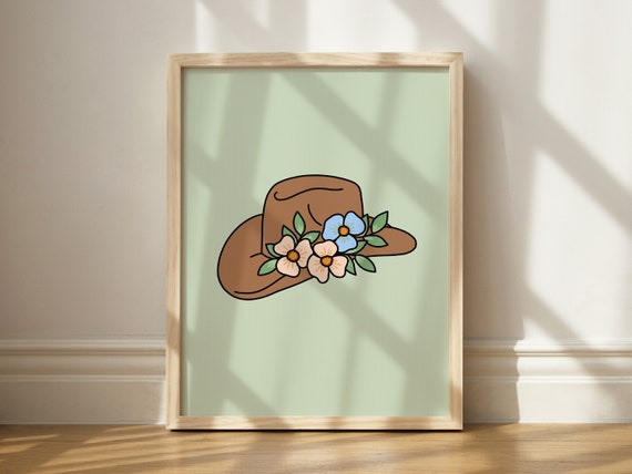 Cowboy Hat Print Wall Art Women Illustration Floral Wild West Decor