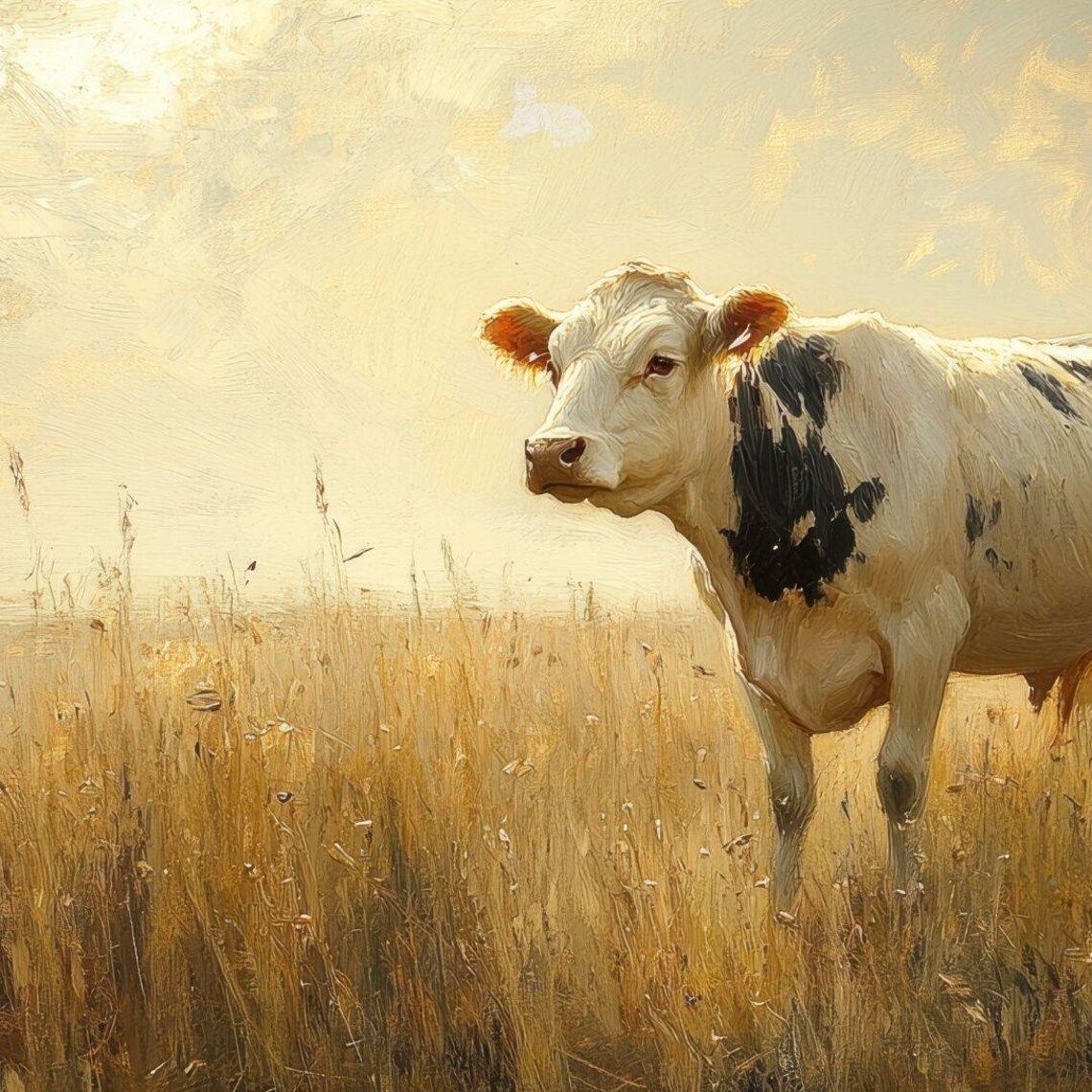 Black White Cow Golden Wheat Field Sunset Farm Animal Vintage Poster - Image 4