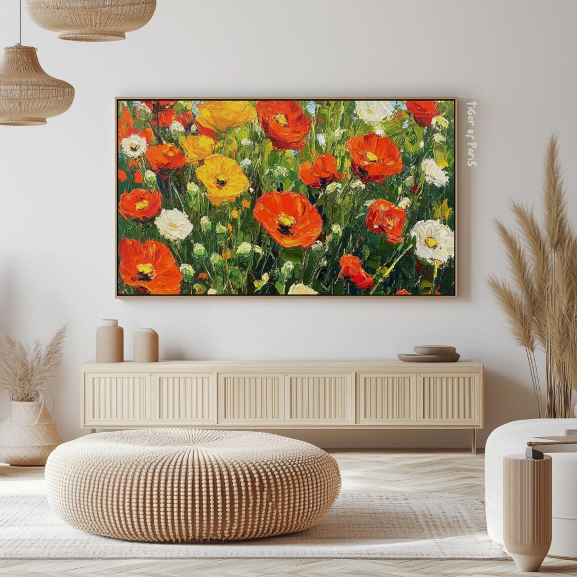 Red Poppy Field Impasto Oil Painting Vibrant Summer Meadow Art Poster - Image 2