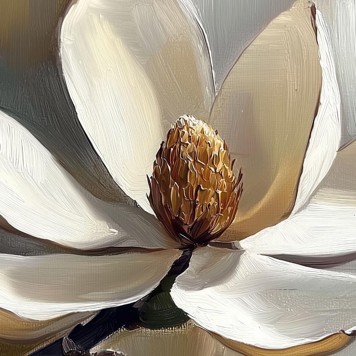 Elegant White Magnolia Bloom Oil Painting Neutral Gray Floral Wall Art - Image 4