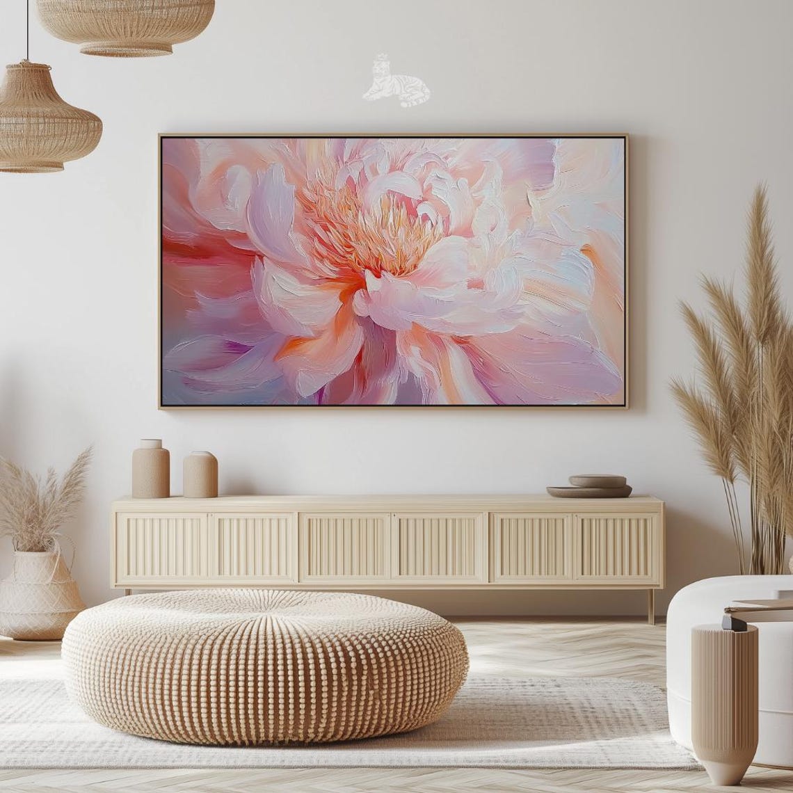 Coral Peony Bloom Close Up Impasto Texture Vibrant Floral Wall Art - Image 2