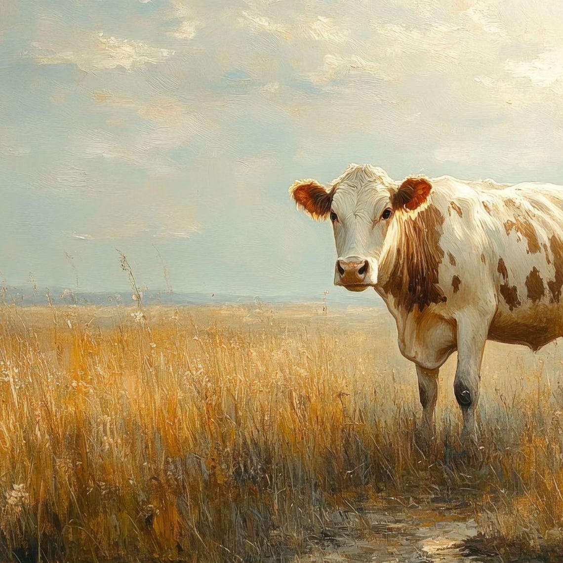 Brown White Cow Standing Golden Wheat Field Farm Animal Rustic Poster - Image 4