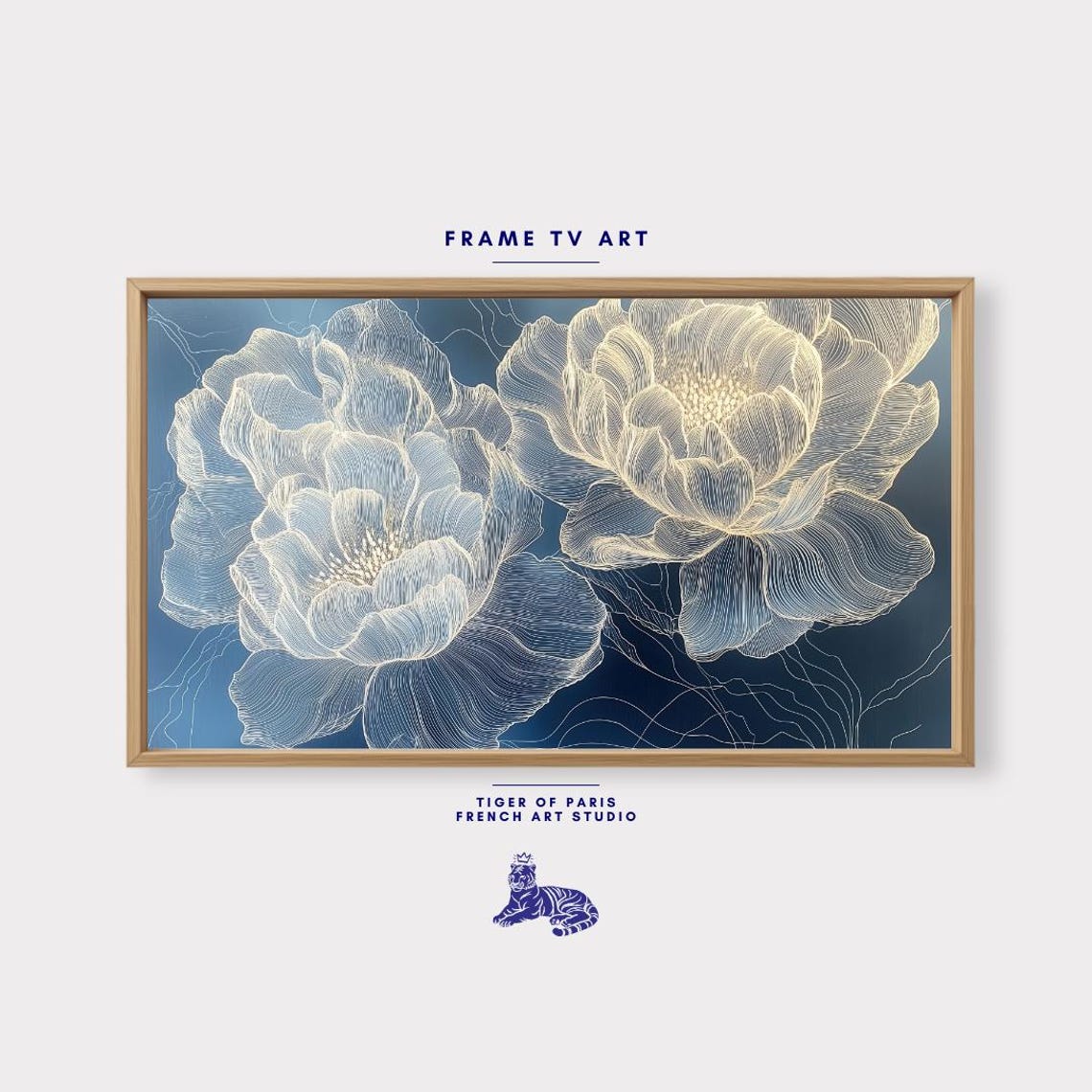 White Line Art Peony Flowers Glowing On Navy Blue Dark Floral Poster