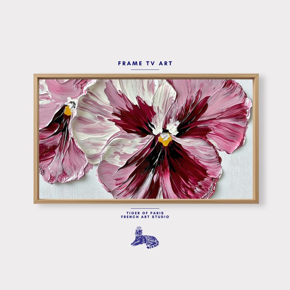 Pink Burgundy Pansy Impasto Oil Painting Palette Knife Floral Wall Art