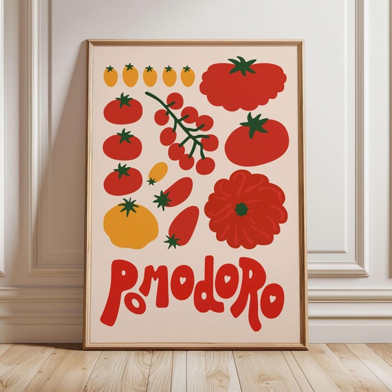 Pomodoro Wall Print Retro Tomato Food Poster Trendy Kitchen Decor Tomato Wall Art Mid Century Food Poster Maximalist Kitchen Print