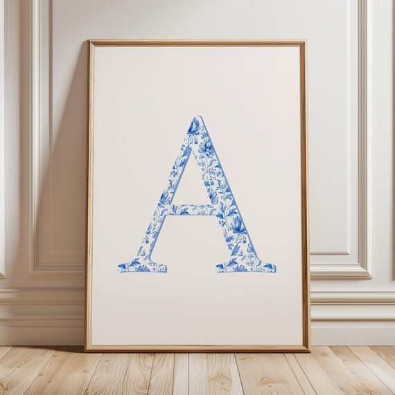 Chinoiserie Initial Letter Print Toile Monogram Light Blue Nursery Wall Art Personalized Gift Coastal Grandmillennial