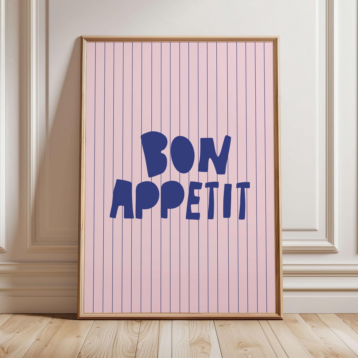 Bon Appetit Navy Striped Kitchen Poster Pink French Food Decor - Image 3