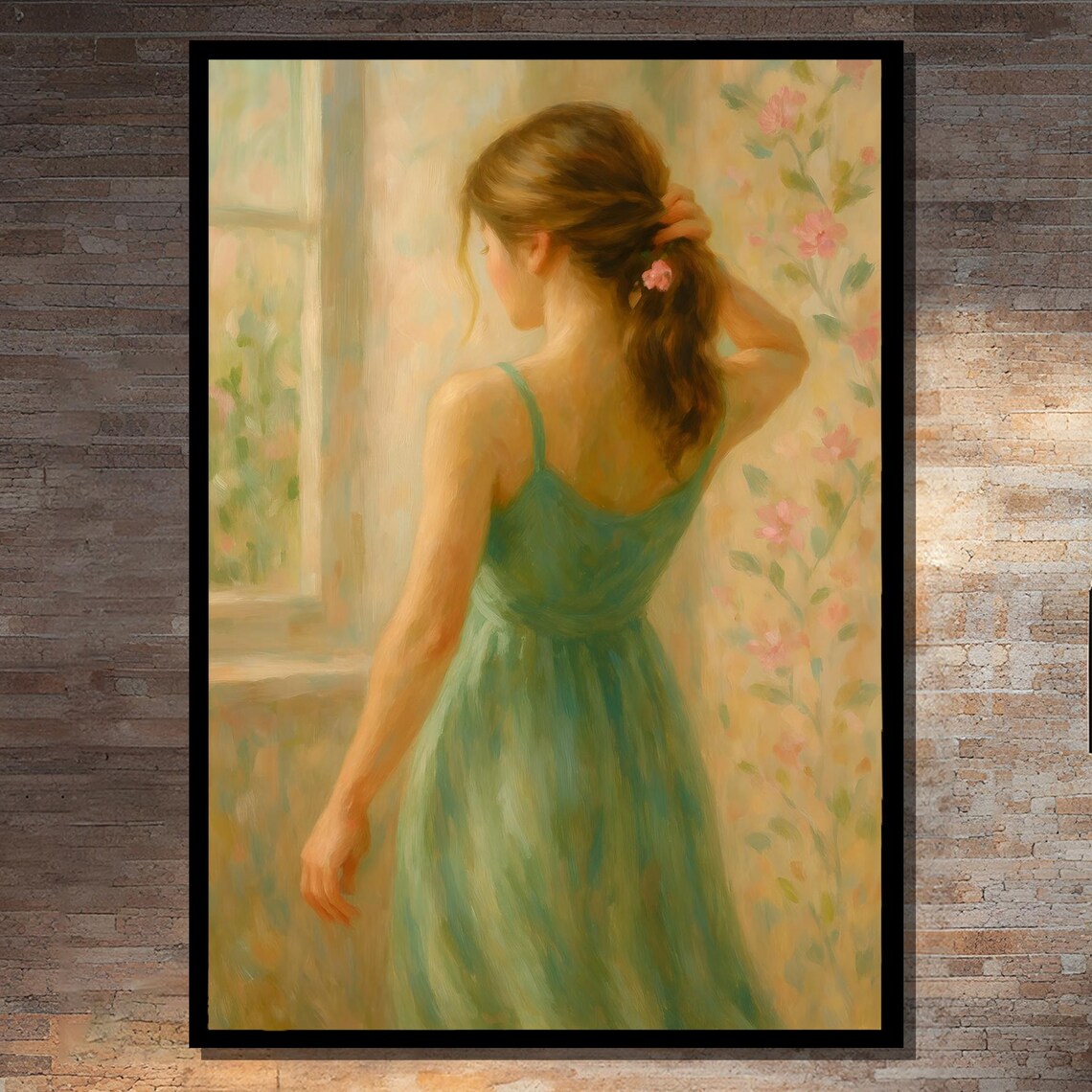 Romantic Woman in Green Dress at Sunlit Window Painting Poster