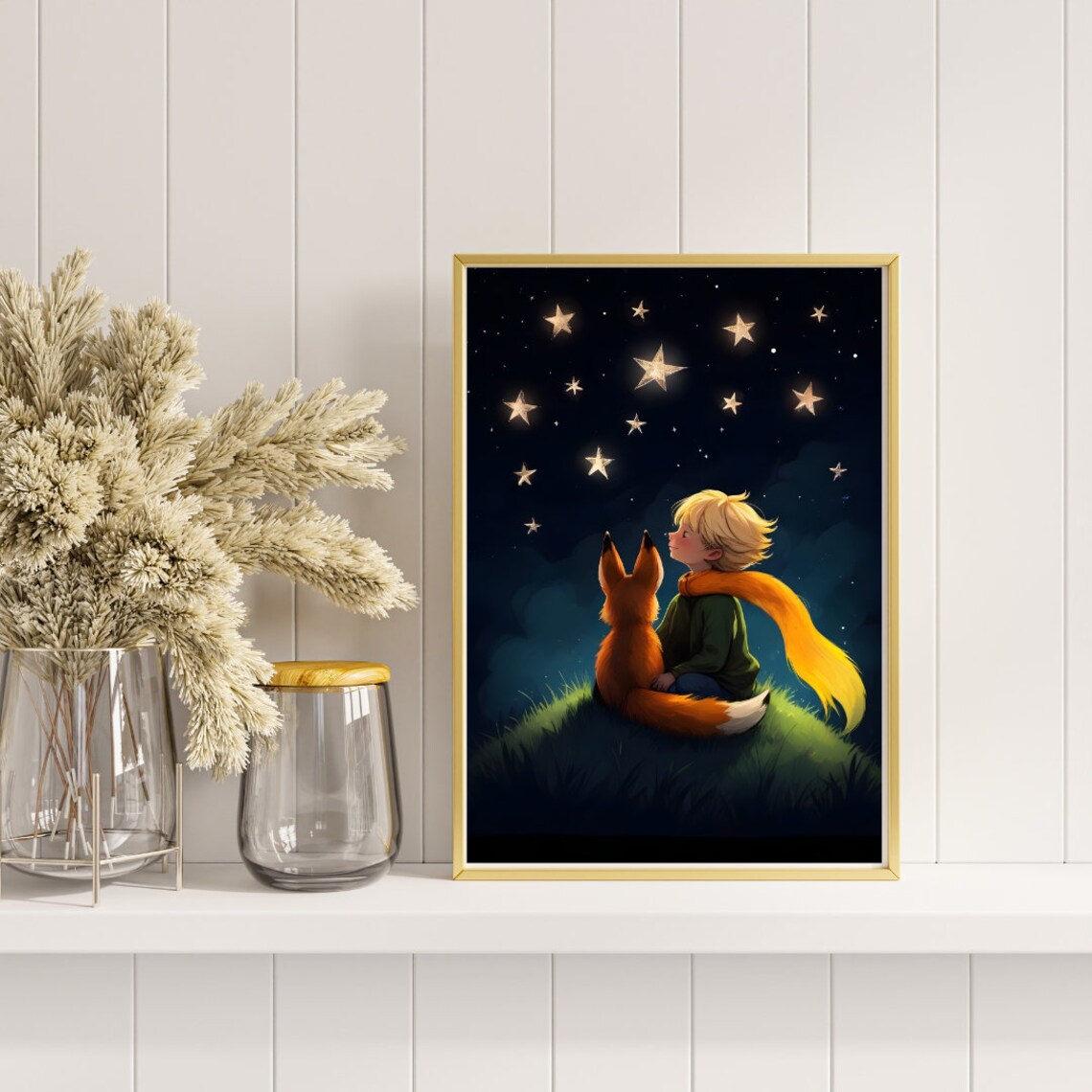 Boy and Fox Stargazing Whimsical Night Sky Nursery Art Poster - Image 4