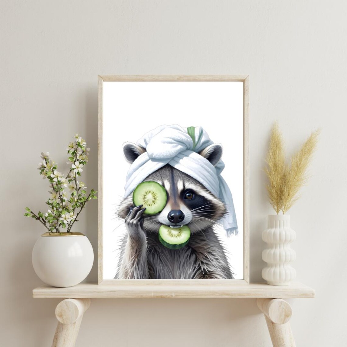 Raccoon Spa Day Funny Animal with Cucumber Slices Art Poster - Image 4