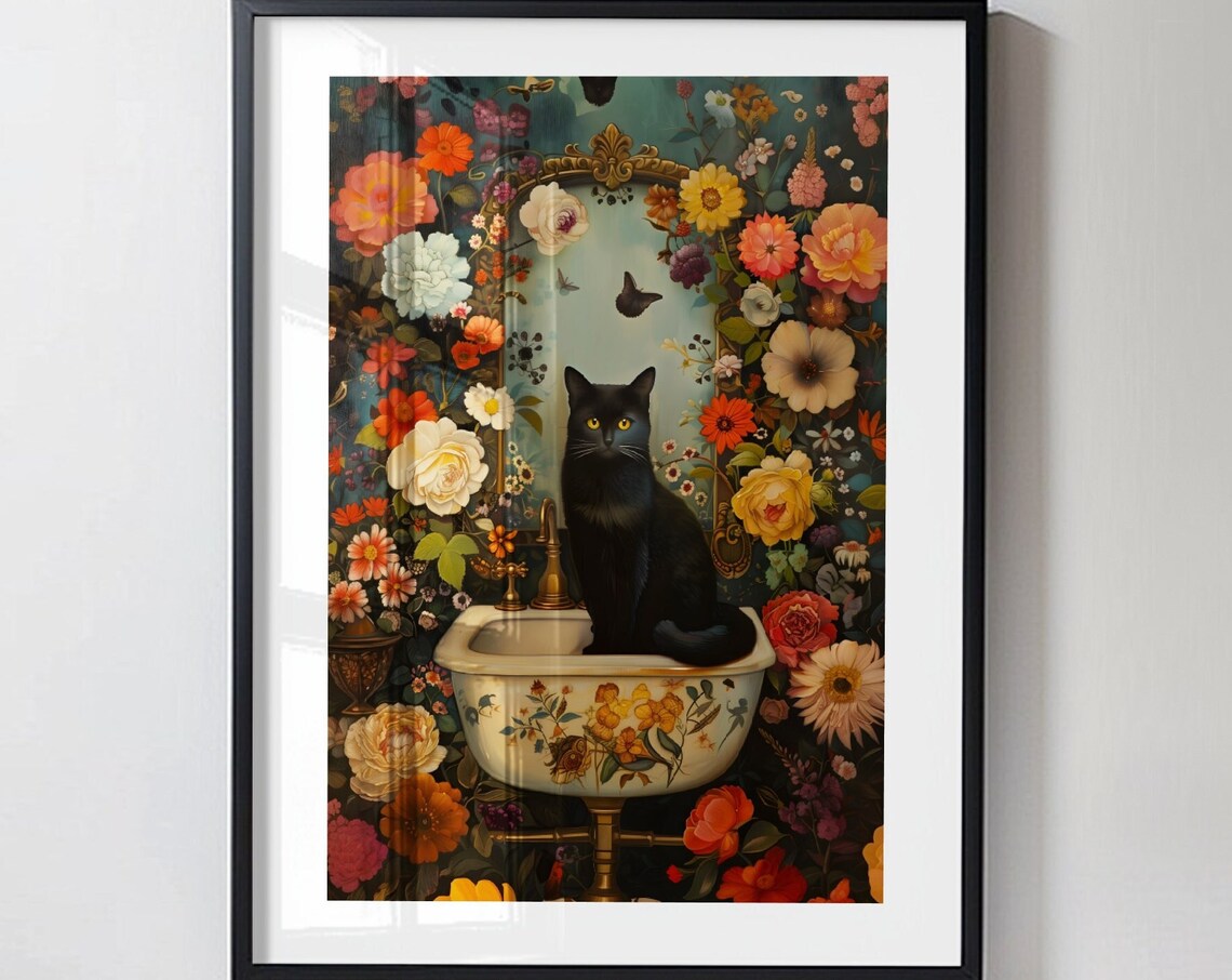 Black Cat on Floral Bathroom Sink Maximalist Whimsical Poster - Image 4